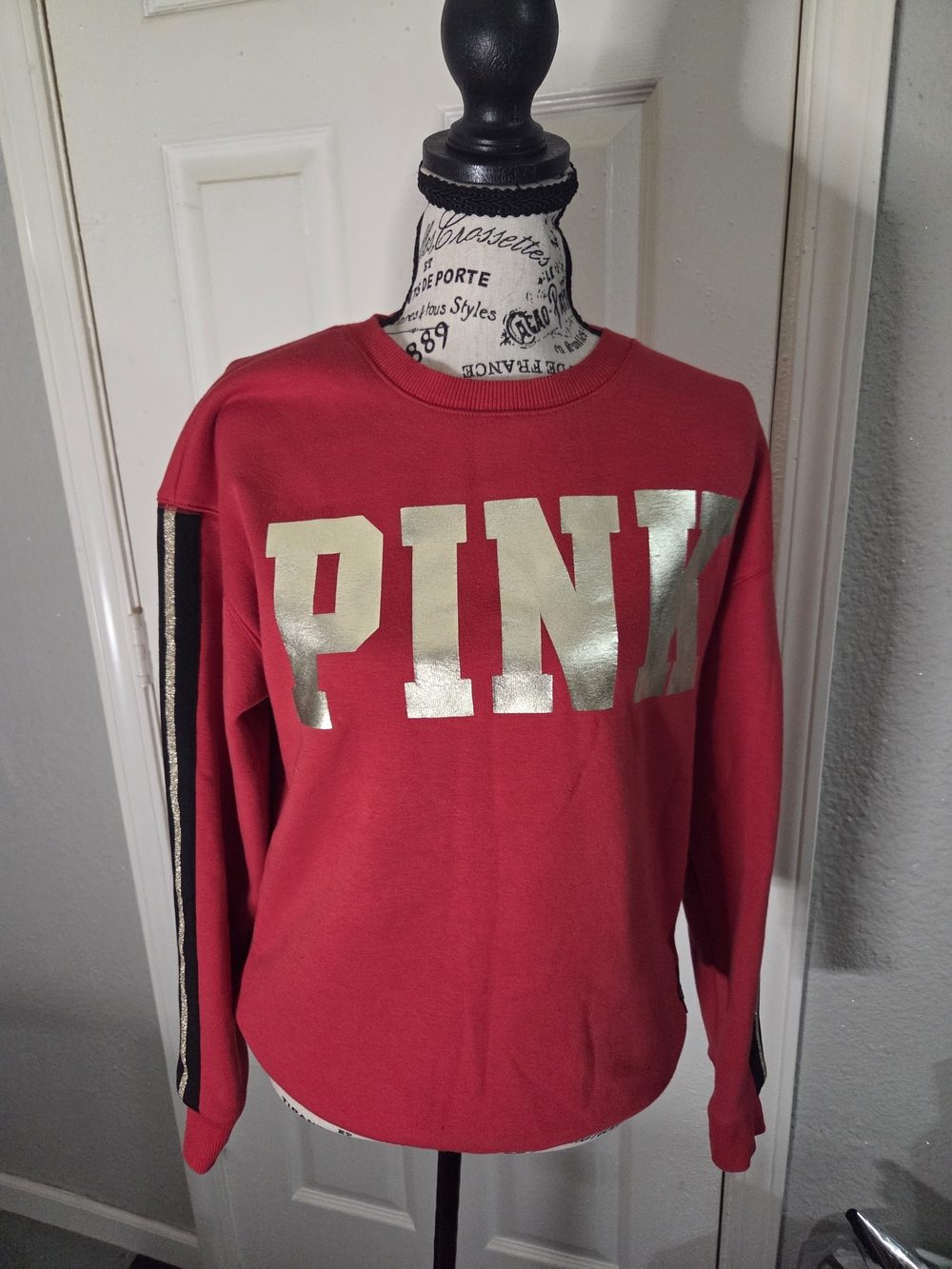 PINK Victoria's Secret Women's Red Crewneck Sweater with Metallic Logo